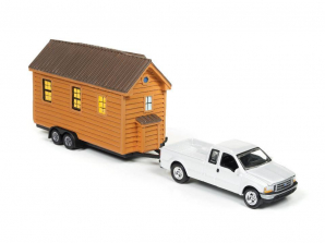 Johnny Lightning Tiny Houses with Vehicle - White 2004 Ford F-250 with Cedar Siding House