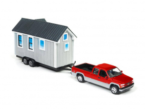 Johnny Lightning Tiny Houses with Vehicle - Red 2002 Chevrolet Silverado and Grey Siding House