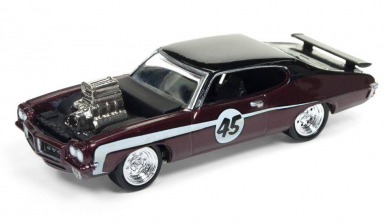 Johnny Lightning Street Freaks Diescast Car - 1971 Pontiac GTO (Spoilers) Dark Maroon with Black Roof