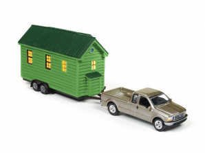 Johnny Lightning Tiny Houses with Vehicle - Gold Metallic 2004 Ford F-250 and Cedar Siding Green House